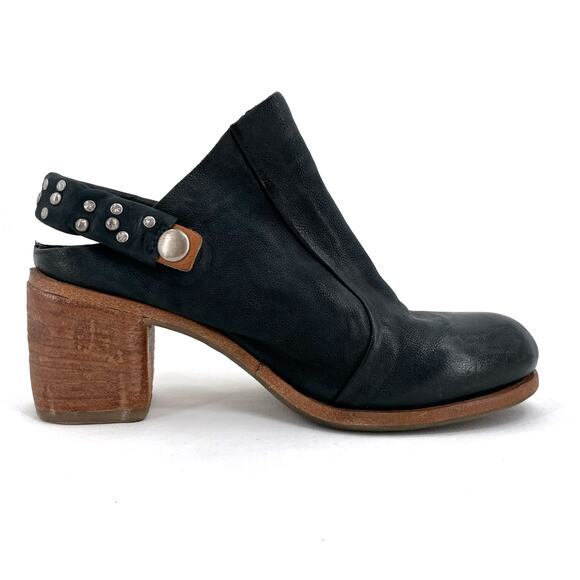 A.S.98 Black Leather Mules Silver Studded Heeled Shoes Boho Cottage EU Size 36 - Picture 5 of 15